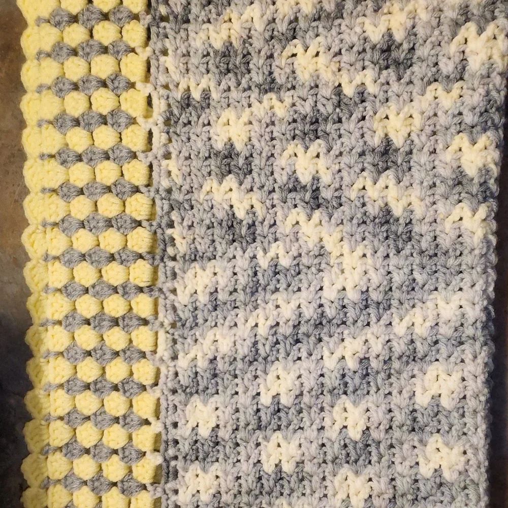 Lap/Baby Afghan/Blanket/Throw Bluish Gray, White & Yellow Handmade  30